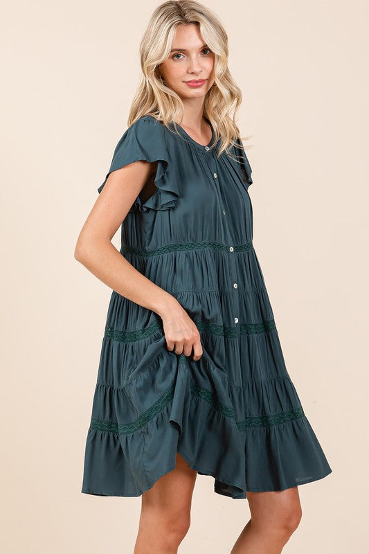 Lace Detail Ruffled Button Down Tiered Cotton Dress