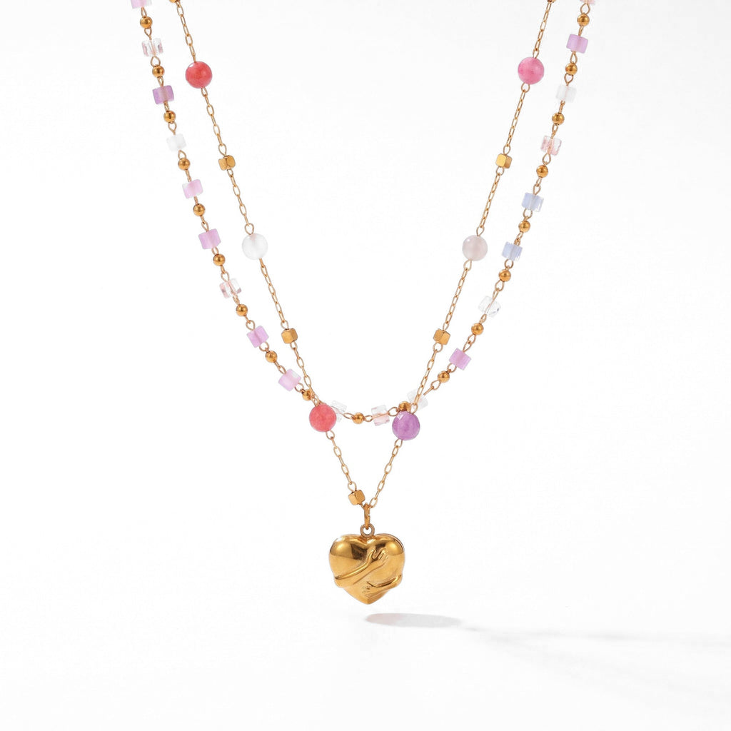 18K Gold Plated Stainless Steel Jewelry Set, Sweet Cool Heart Pendant Necklace Bracelet Anklet Luxury Women Accessory Set