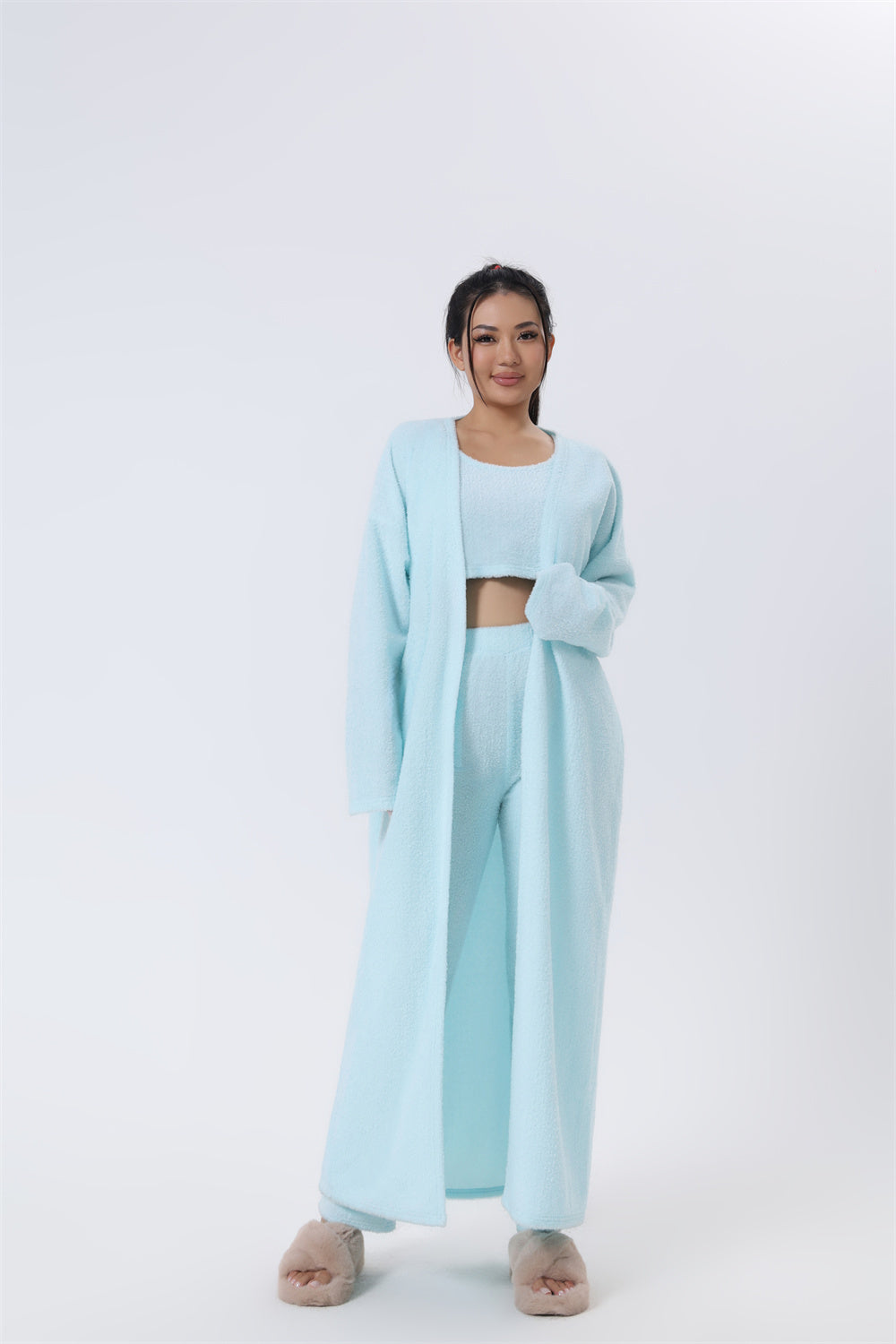 3-Piece Cozy Lounge Set: Soft Knit Crop Top, Pants & Cardigan