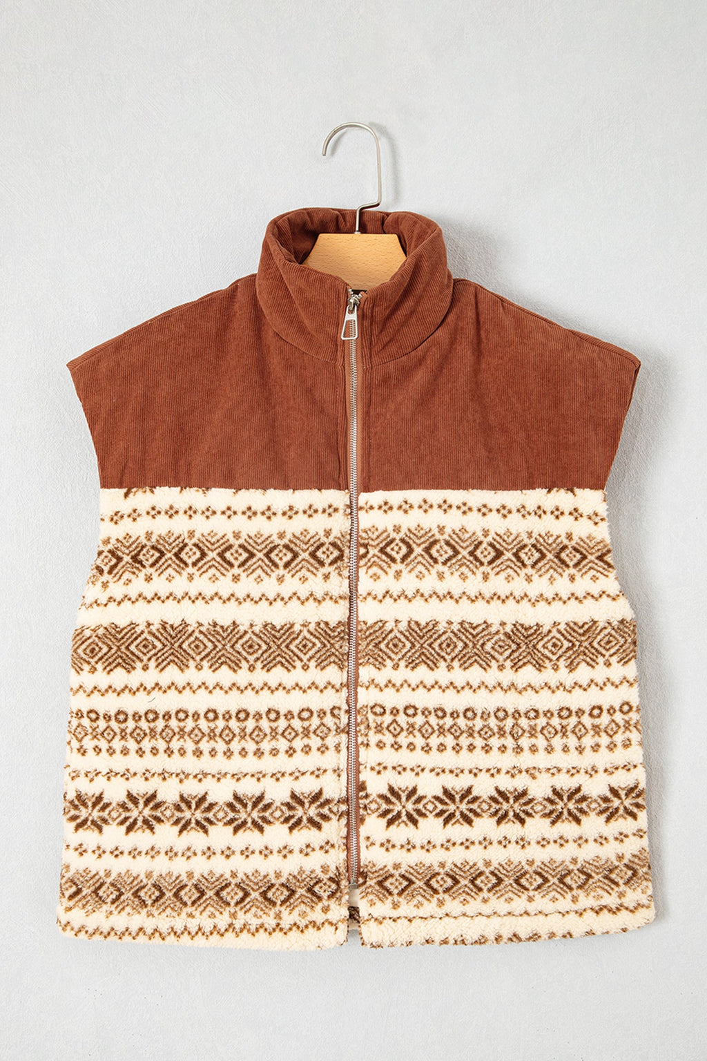 Geometric Fleece Patchwork Corduroy Zip Up Vest