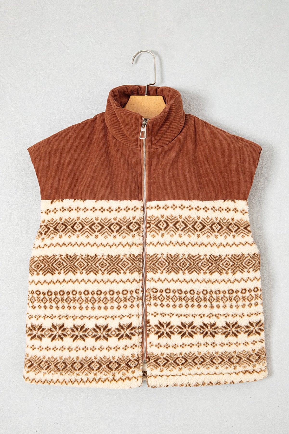 Geometric Fleece Patchwork Corduroy Zip Up Vest