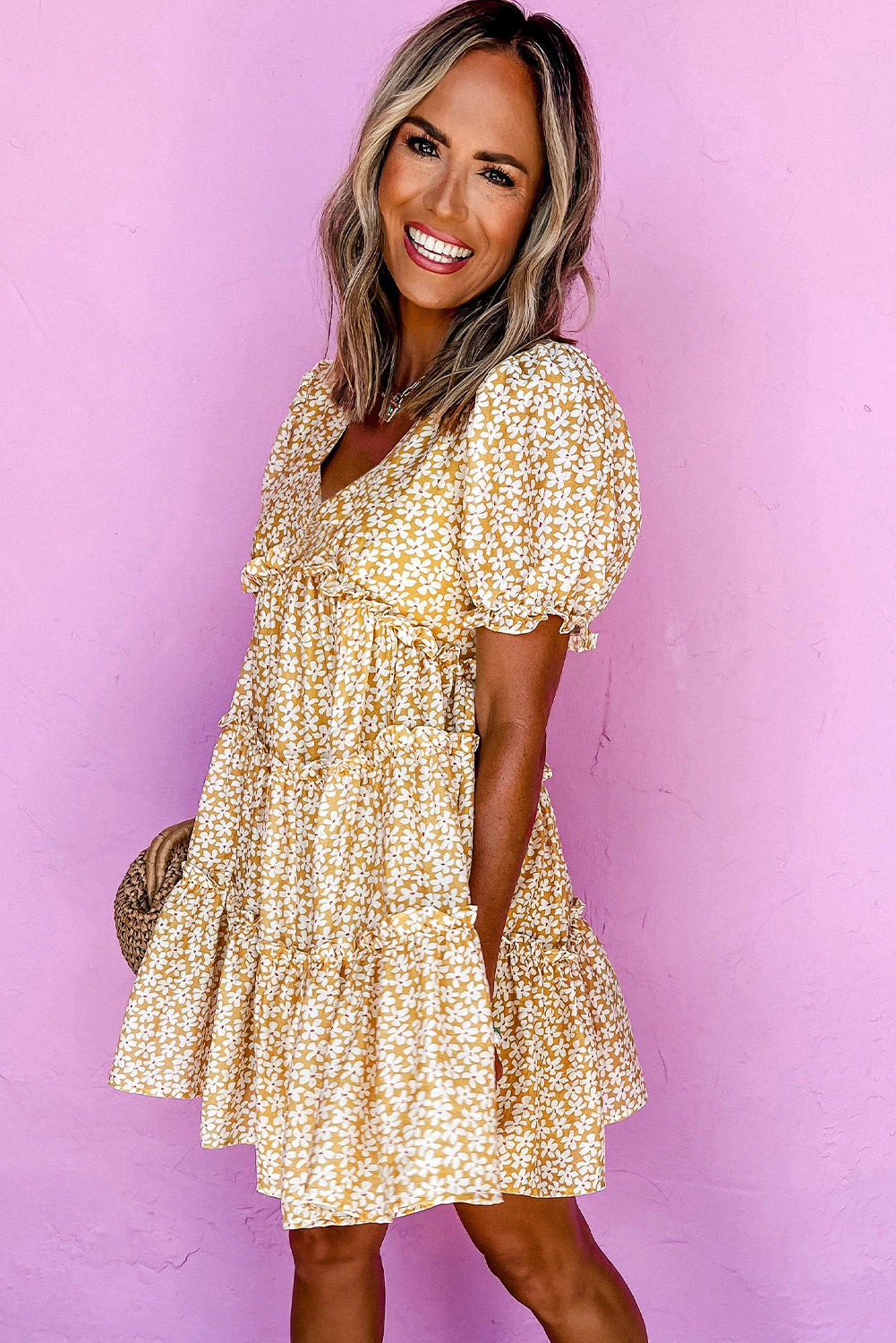 Yellow Floral V Neck Tiered Mini Dress | Short Sleeve