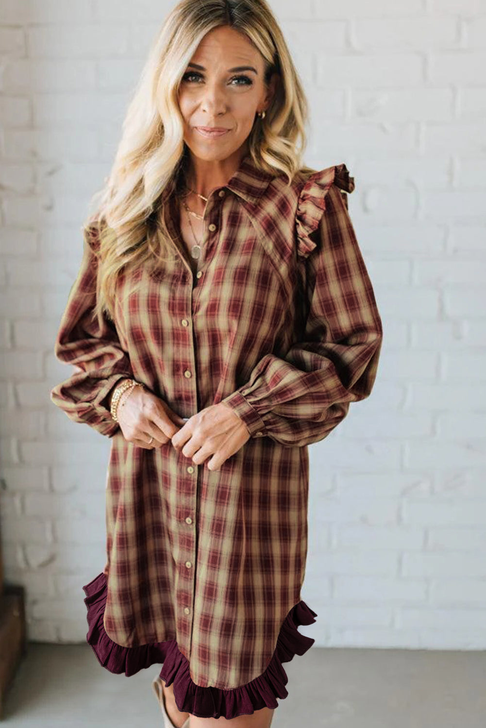 Red Plaid Ruffled Long Sleeve Mini Shirt Dress | Patchwork Hem