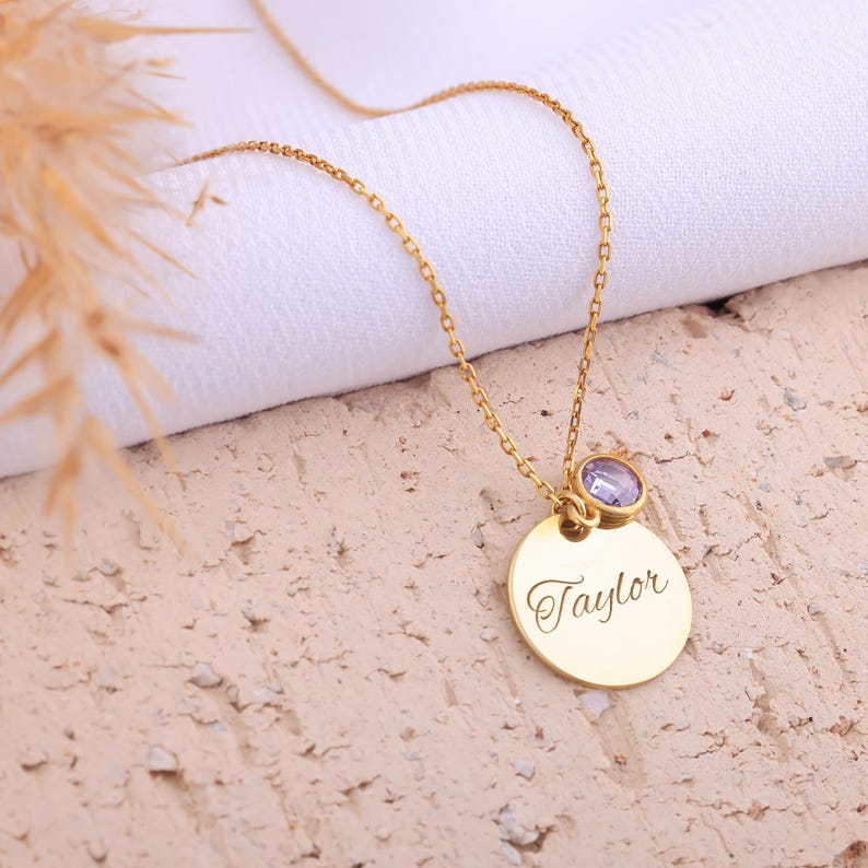 Vera Lux double layer personalized birthstone and name necklace on a white background.