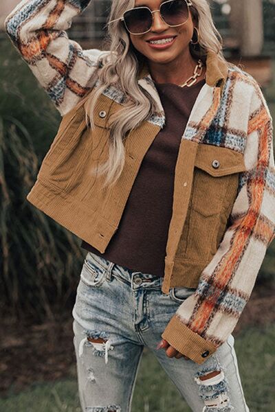 Plaid Corduroy Button Up Jacket with Flap Pockets