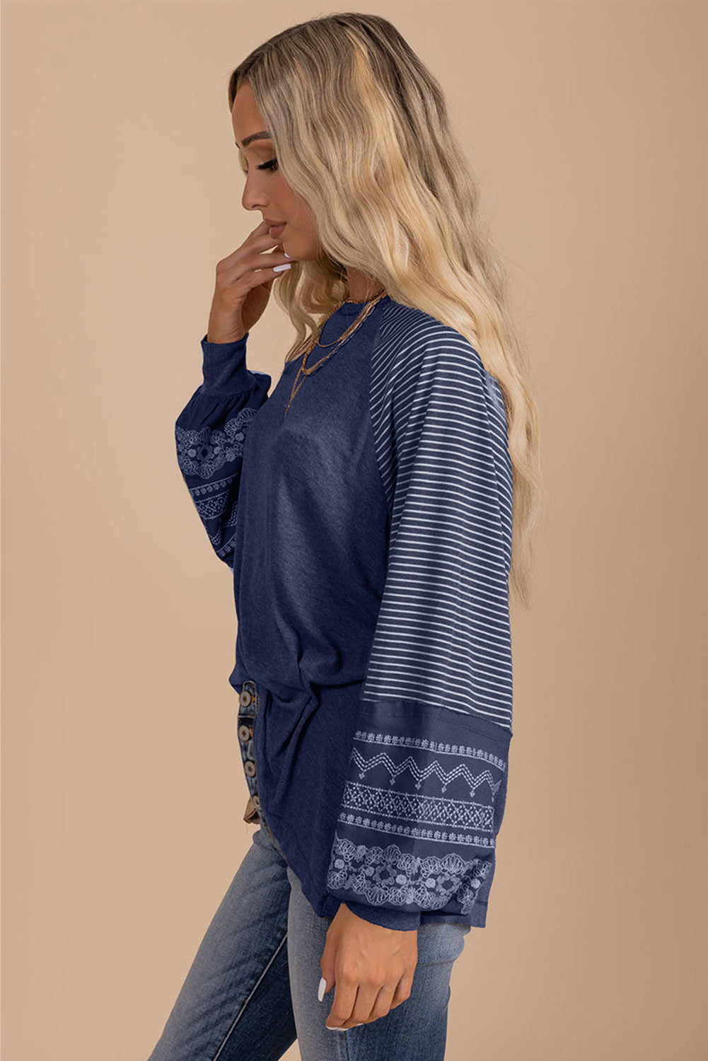 Tillandsia Purple Contrast Print Striped Raglan Long Sleeve Loose Top