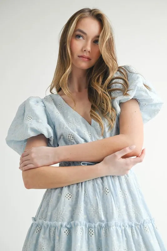 Eyelet Lace Puff Sleeve V-Neck Midi Dress
