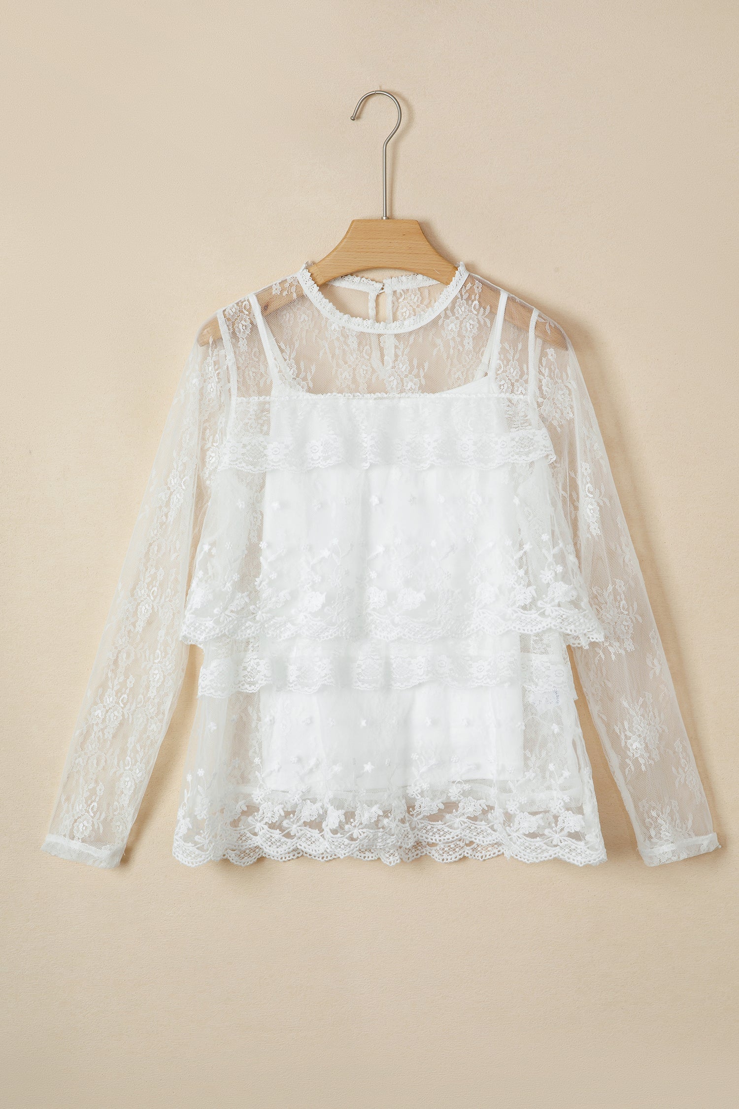 White Sheer Floral Lace Ruffle Tiered Patchwork Blouse