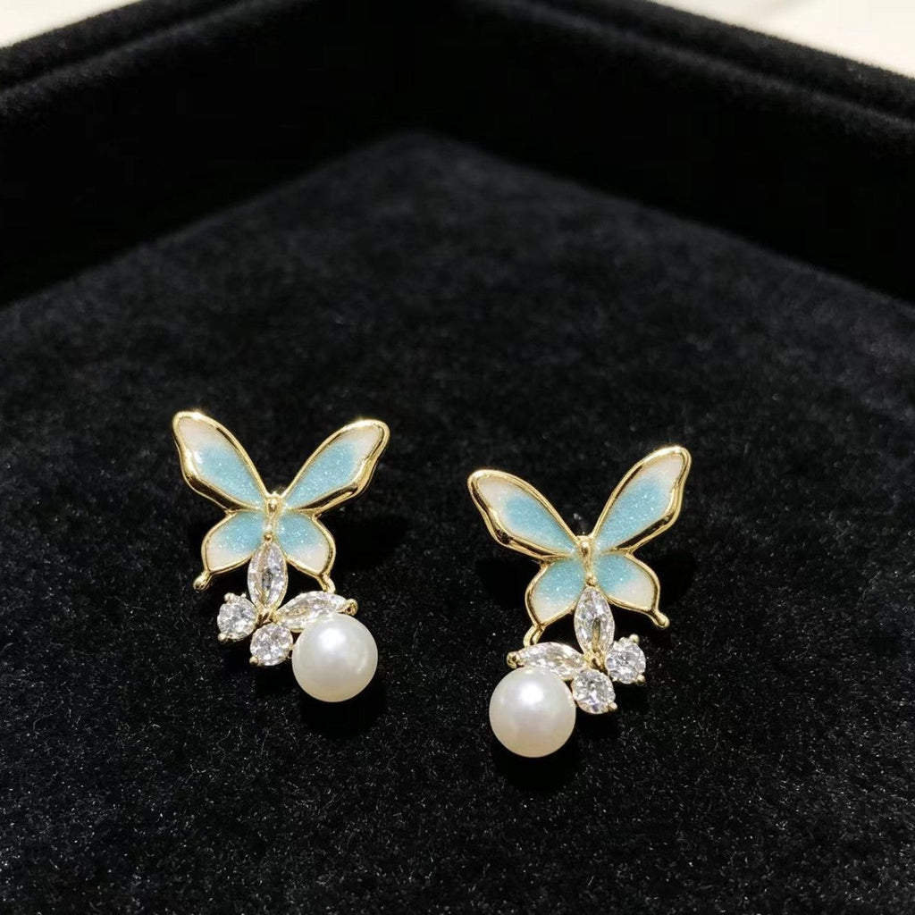 Dripping-oil Pearl Butterfly Elegant High-end Silver Needle Earrings