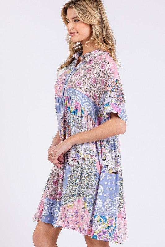Floral Collared Mini Shirt Dress - Feminine Half Sleeve Dress