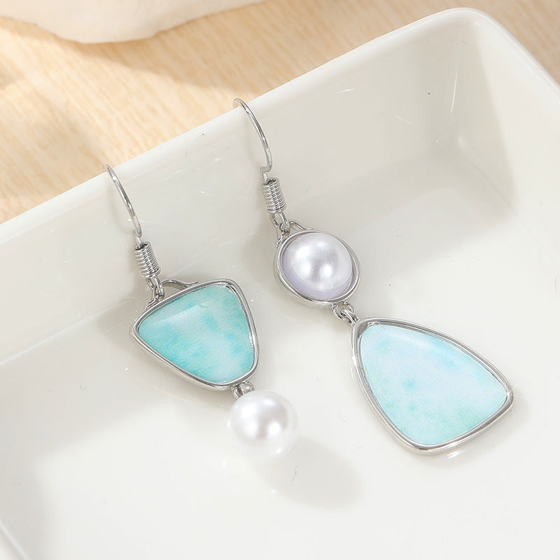 Elegant Asymmetric Pearl Blue Stone Drop Earrings Silver Tone Brass Women Daily Fashion Jewelry Gift