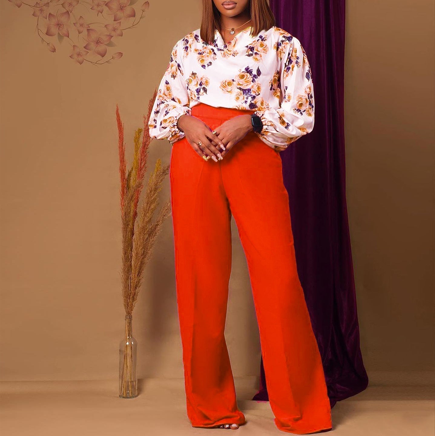 Printed Floral Blouse and Wide-Leg Pants Set