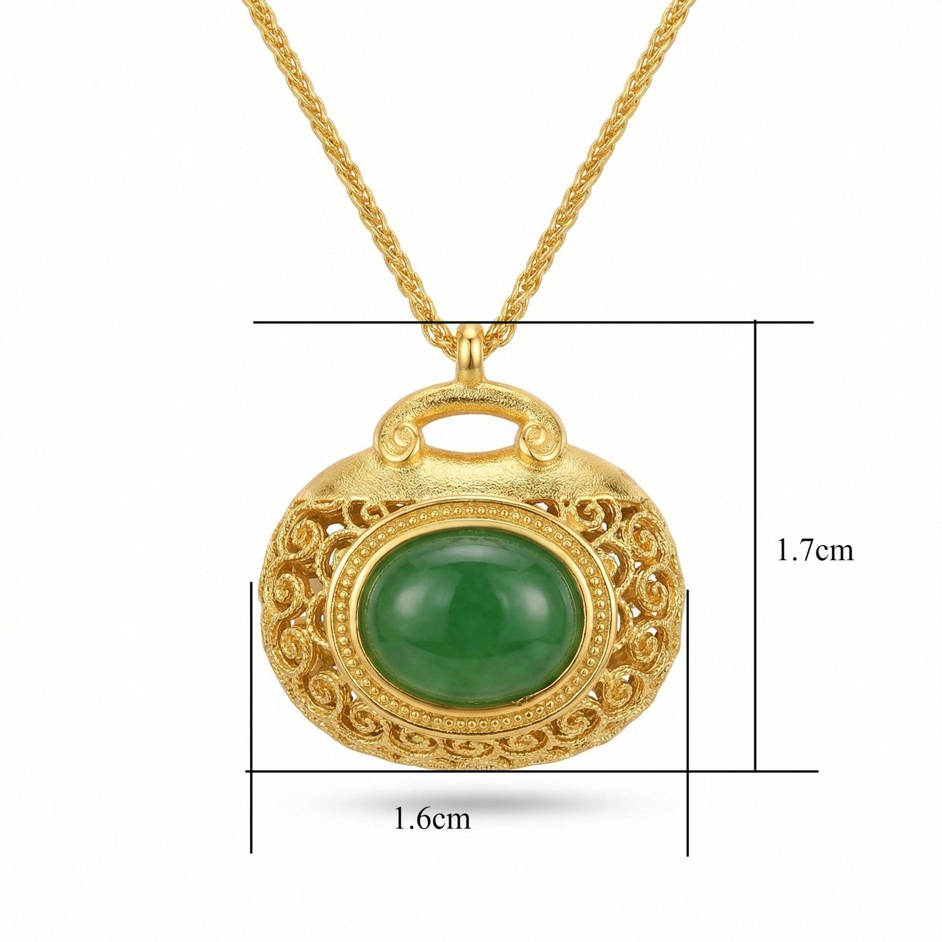 925 Sterling Silver Elegant Filigree Green Jadeite Pendant Necklace with Intricate Textured Metallic Detail