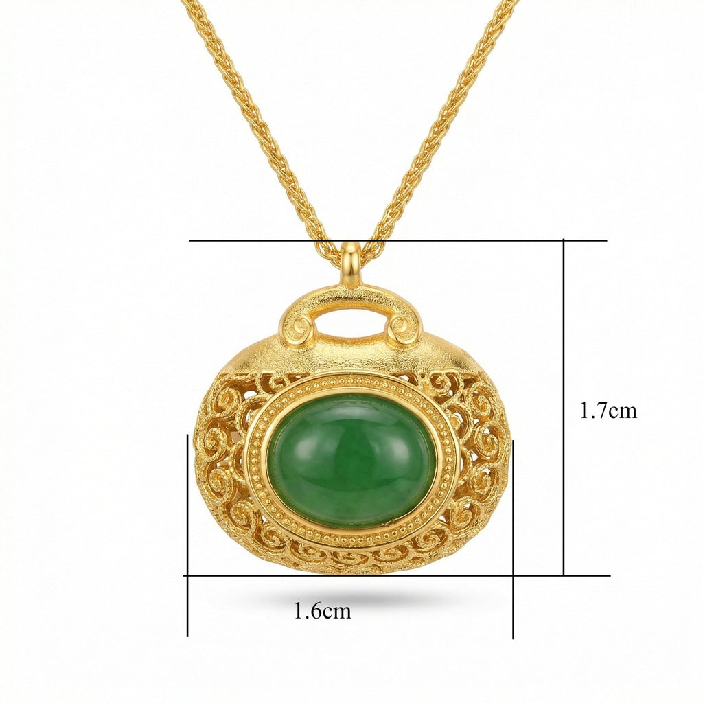 925 Sterling Silver Elegant Filigree Green Jadeite Pendant Necklace with Intricate Textured Metallic Detail