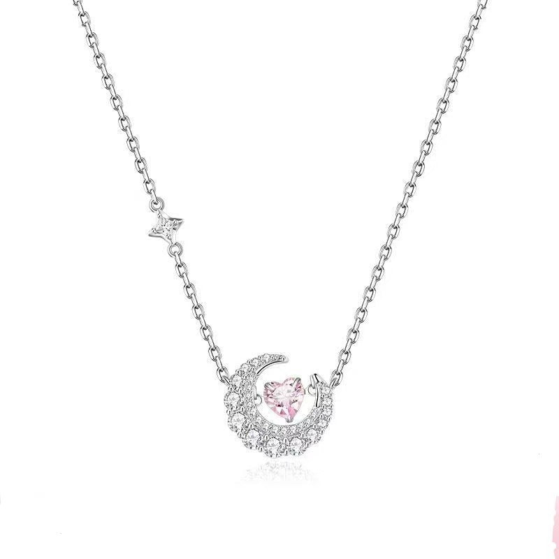Phantom Dream Heart Moon Necklace with Zircon Inlay in Silver