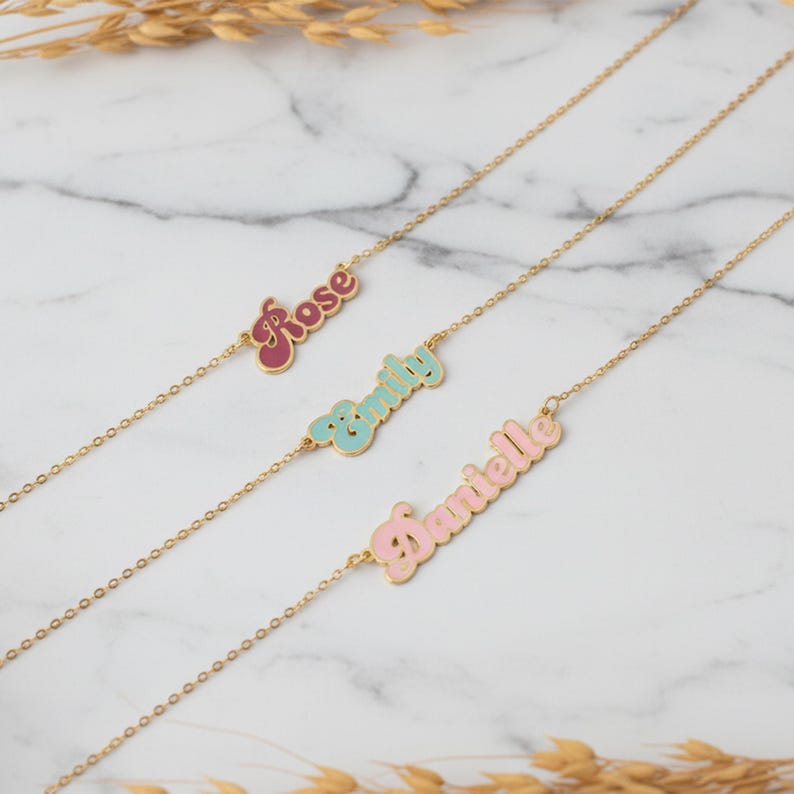 Personalized Cursive Name Necklace in Gold, Teal, Pink and Magenta