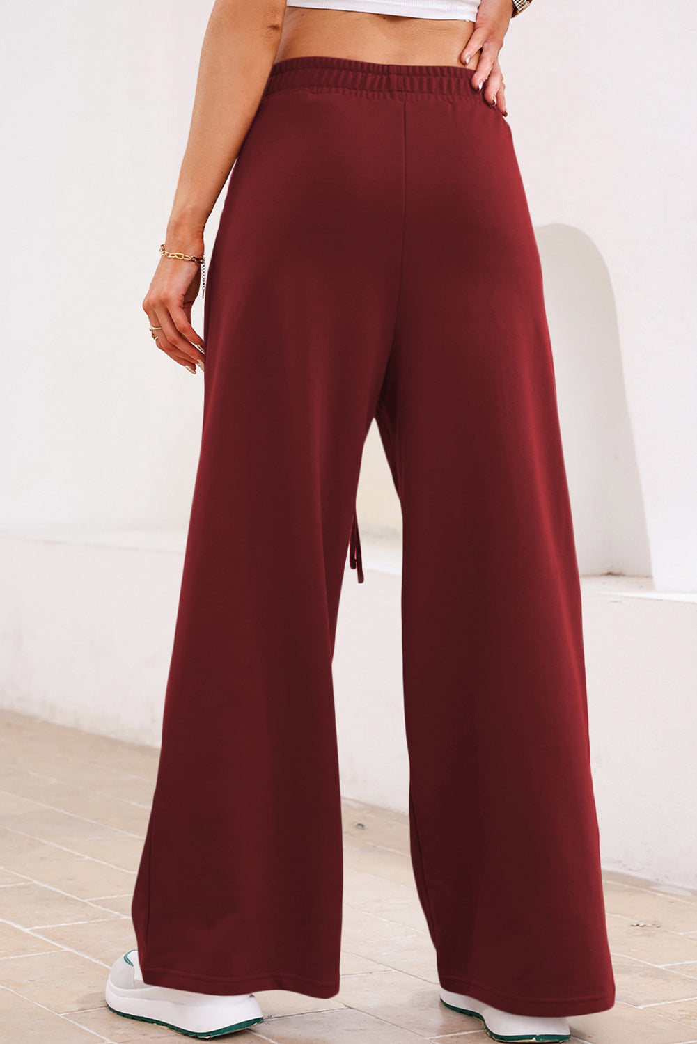 Solid Tied High-Waist Pleated Sweatpants