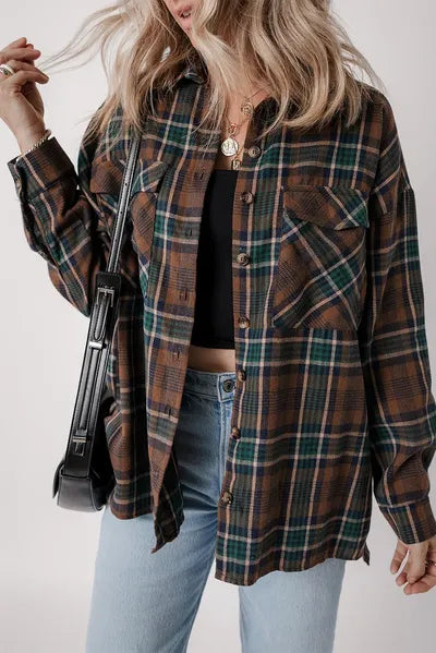 Model wearing a classic navy plaid button-up jacket