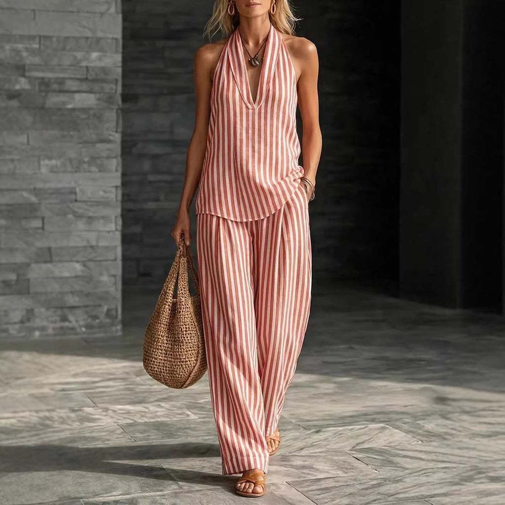 Women's Striped Sleeveless Halter Top and Wide Leg Pants Set - Image 3