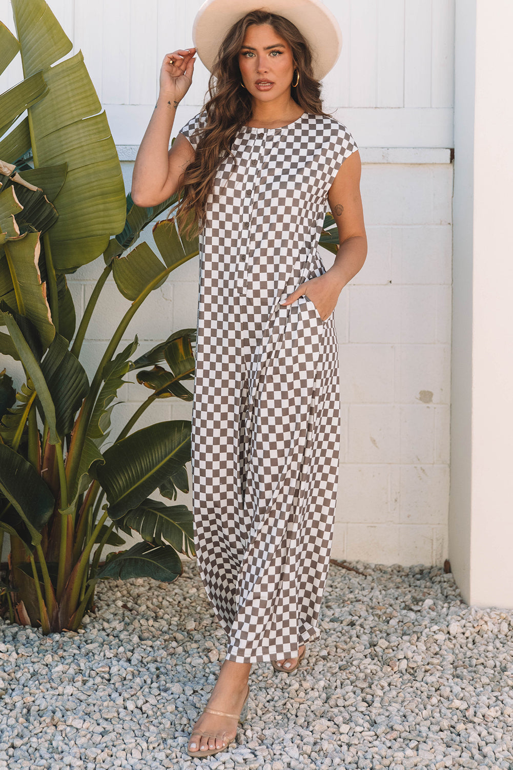 Paisley Checkered Buttoned Crew Neck Wide Leg Jumpsuit