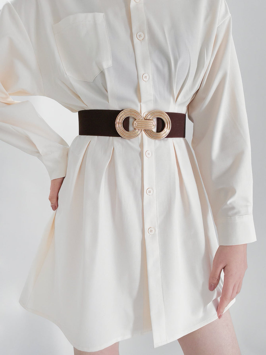 Geometric Buckle Elastic Wide Belt | Brown & Gold