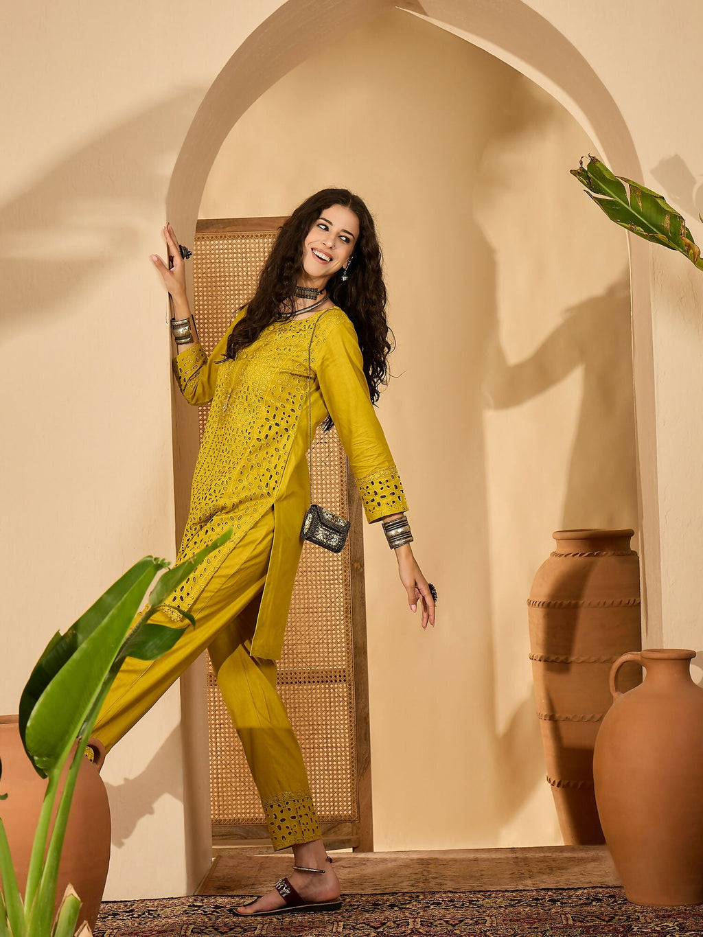 Mustard Embroidered Pure Cotton Cord Set