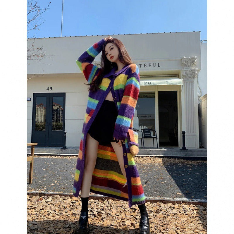 Vibrant Rainbow Striped Knit Cardigan Sweater Coat for Women - Image 6
