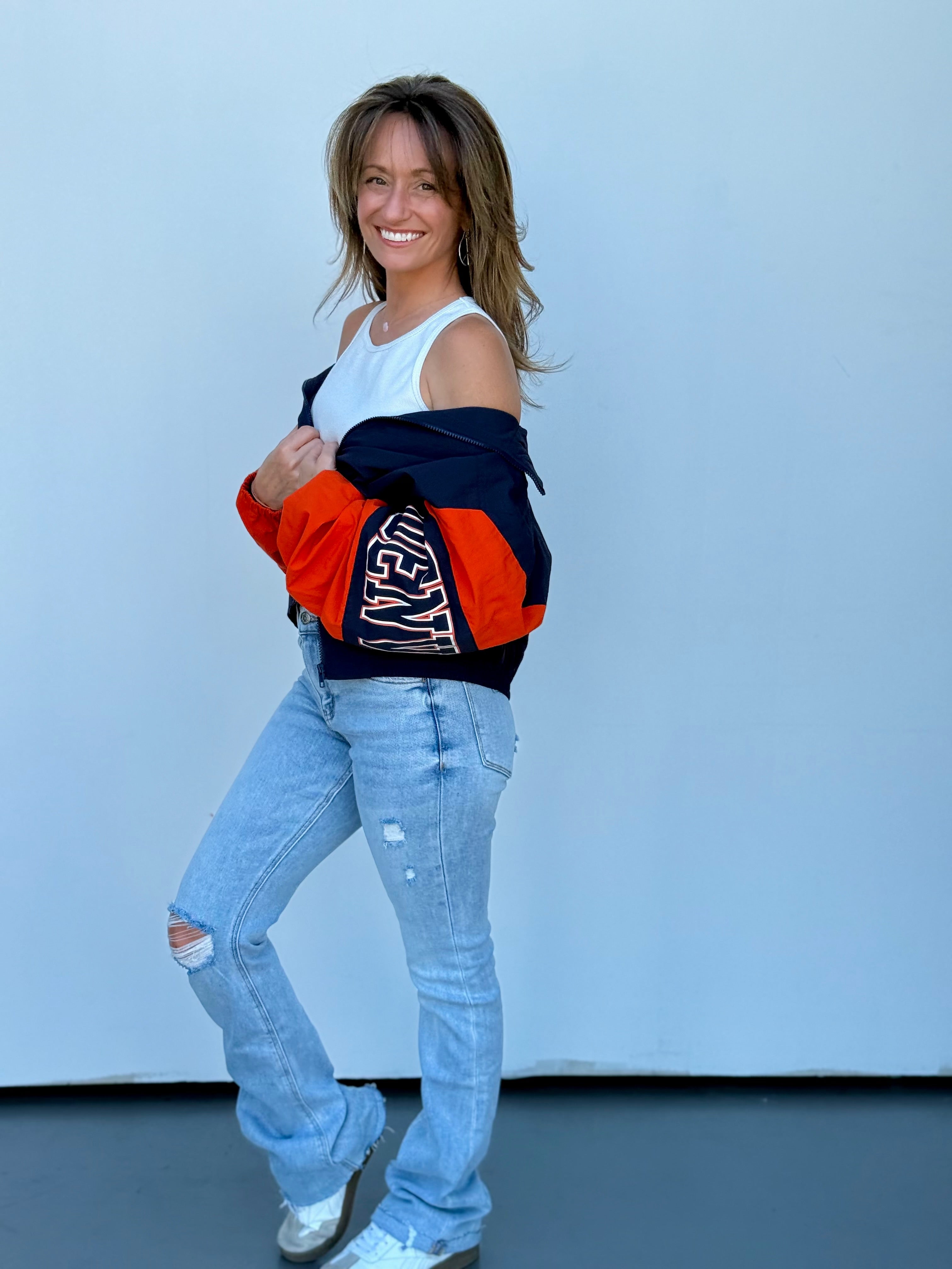 Denver Retro Jacket Women's Navy and Orange Sporty Bomber Zip-Up