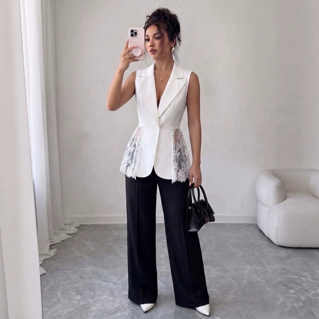 Sleeveless Lace A-Line Jacket – V-Neck Slim Fit Elegant Style