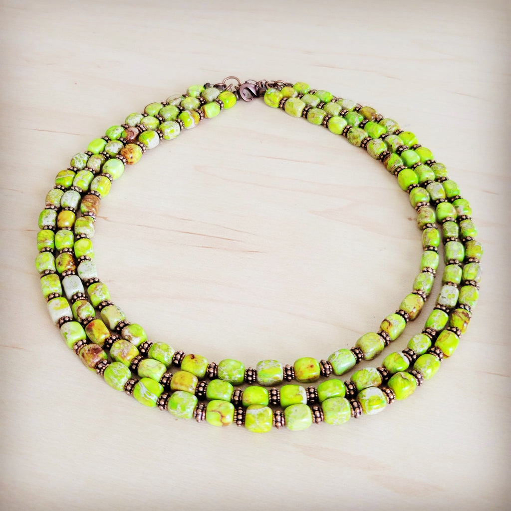 Triple Strand Layered Boho Lime Green Regalite Collar Necklace 264i
