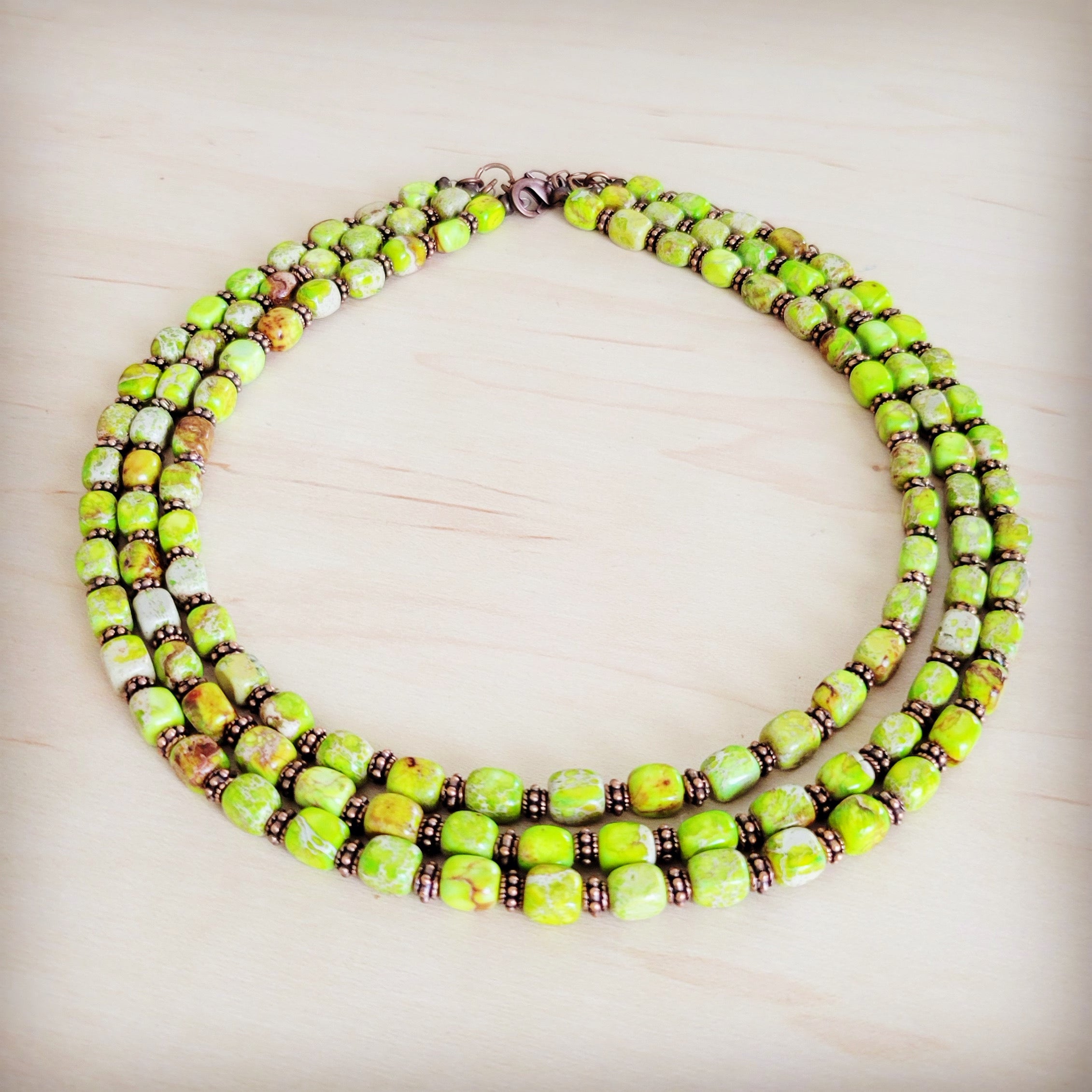 Triple Strand Layered Boho Lime Green Regalite Collar Necklace 264i