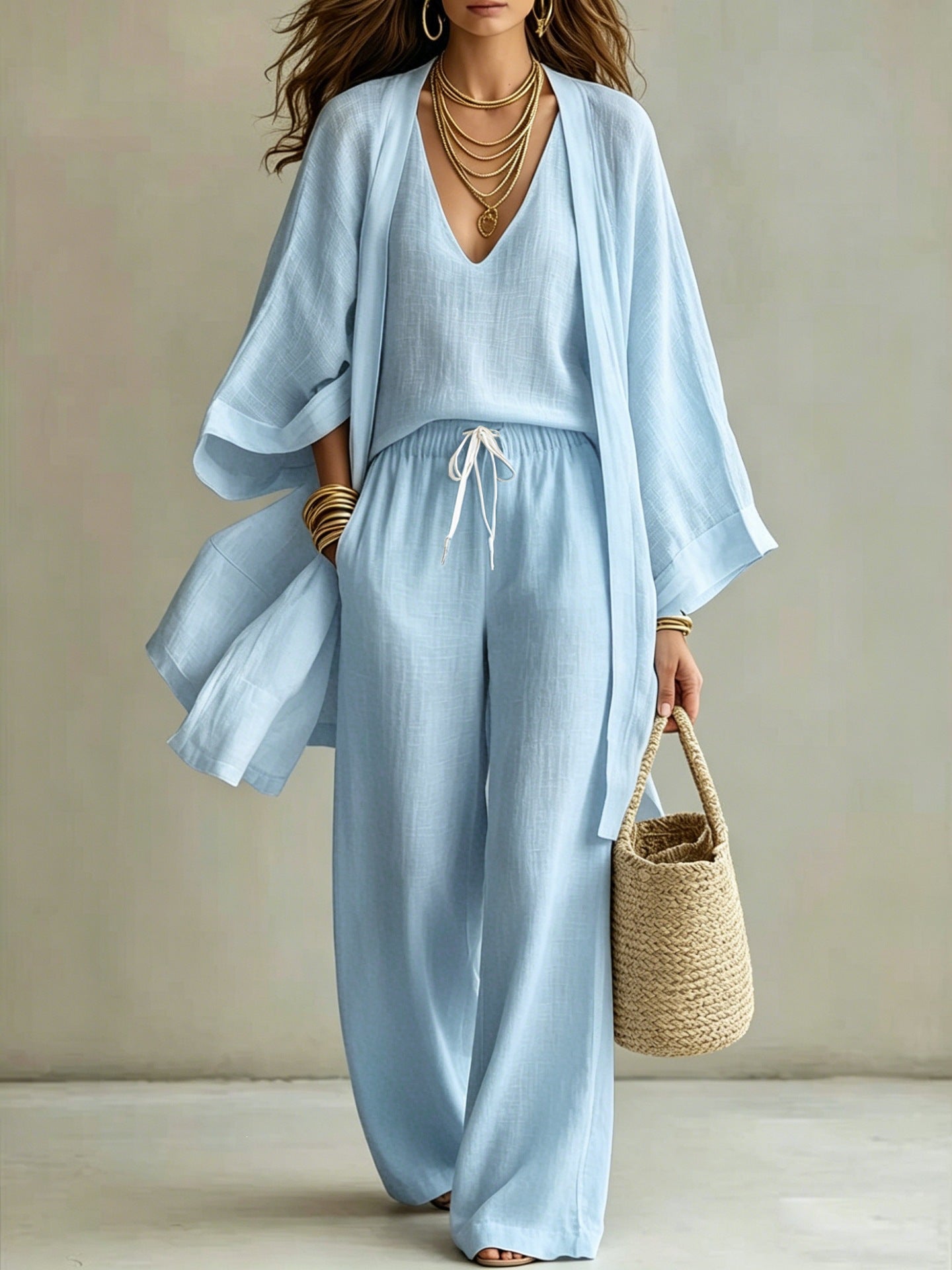 Women's 3-Piece Linen Loungewear Set: Cardigan, Vest & Wide-Leg Pants