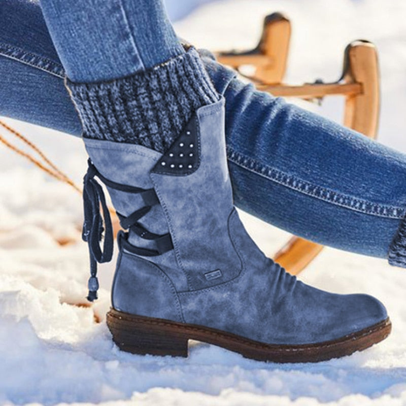 Women's Mid-Calf Flocked Suede Winter Boots with Knit Cuff - Image 2