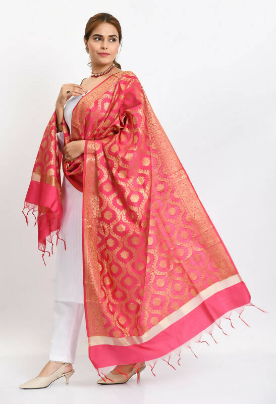 Pink Banarsi Silk Dupatta with Traditional All-Over Woven Design
