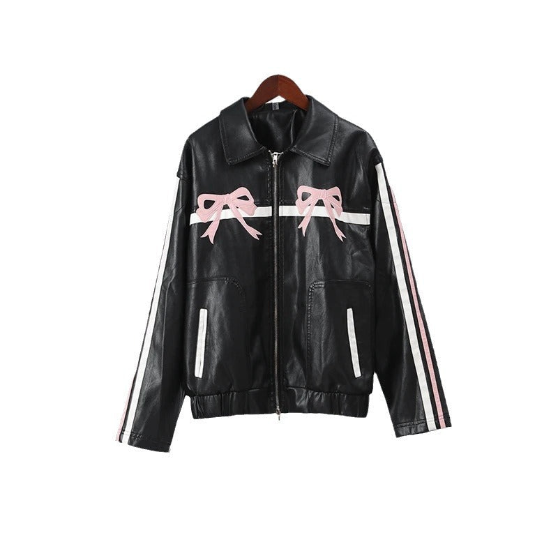 Women's Harajuku Style Bow PU Leather Motorcycle Jacket - Image 5