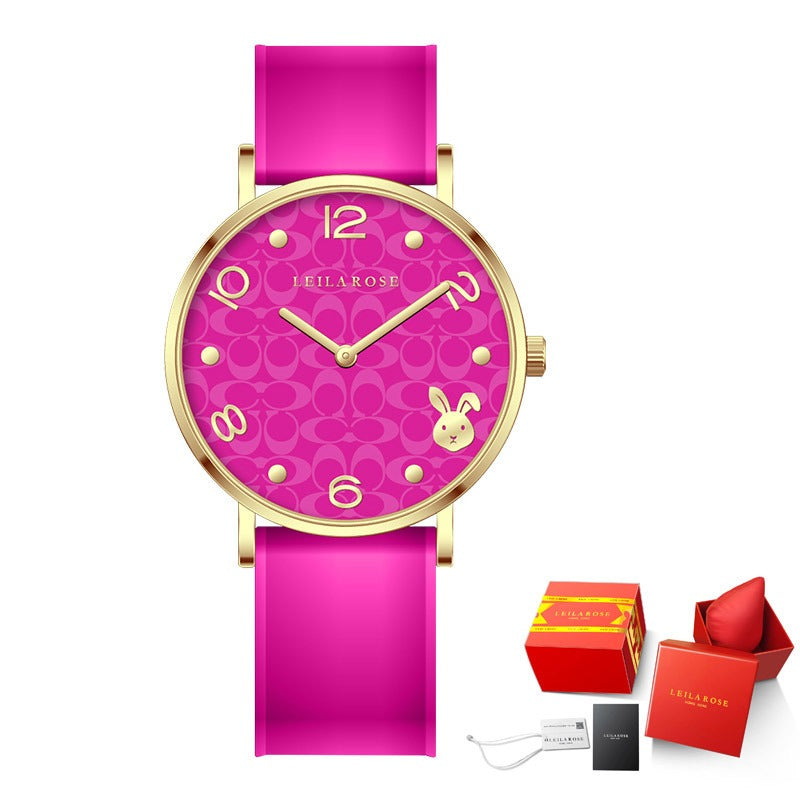 Elegant Zodiac Rabbit Women's Quartz Watch - Green & Red Strap - Image 5
