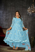 Elegant sky blue net embroidered Anarkali kurta with pants and a dupatta, floor-length ethnic design.
