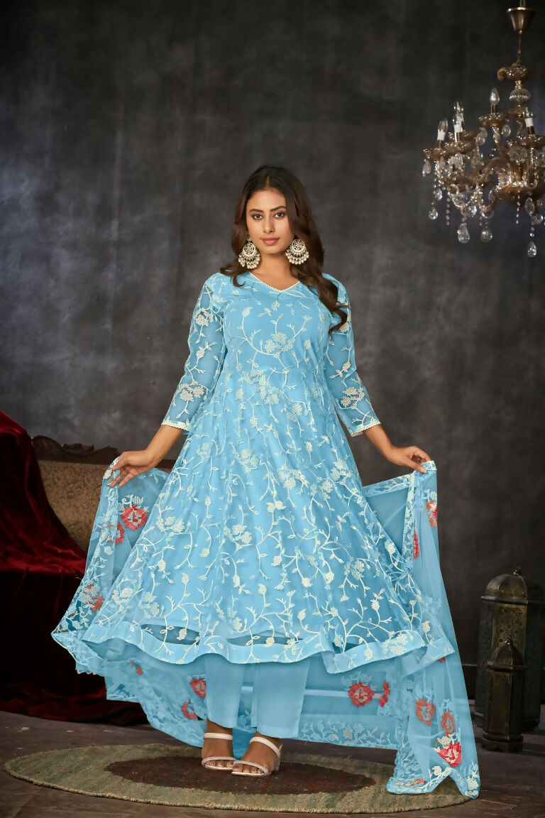 Elegant sky blue net embroidered Anarkali kurta with pants and a dupatta, floor-length ethnic design.