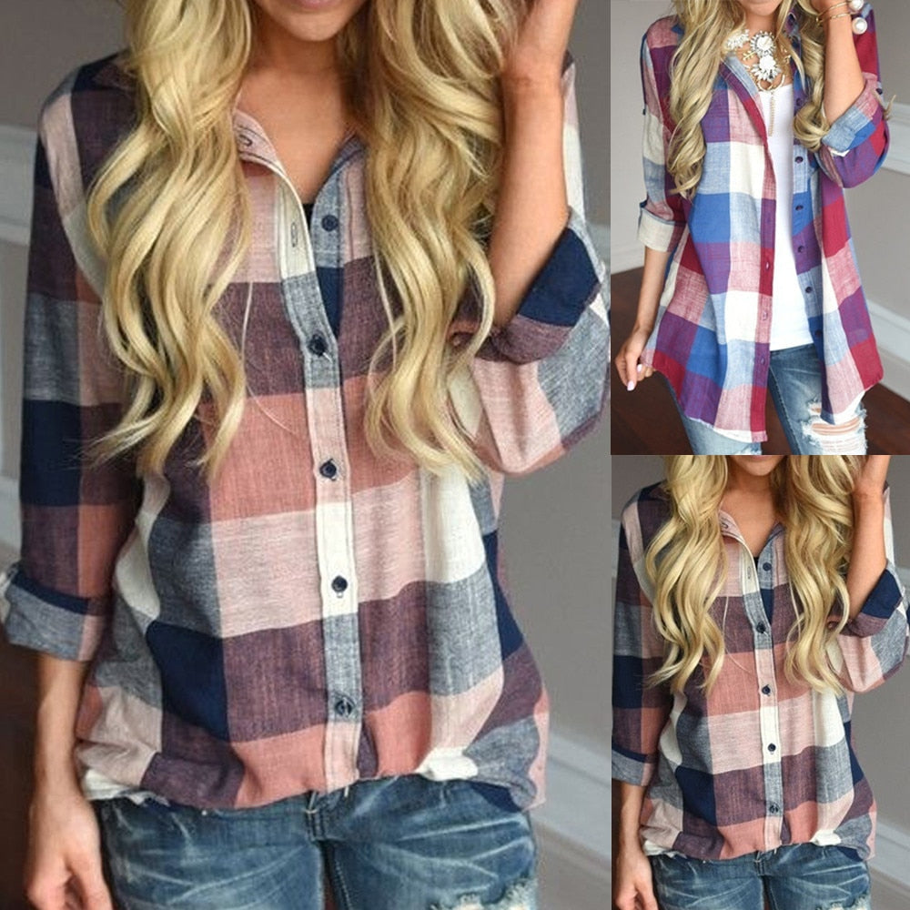 Model wearing a casual long sleeve button-down shirt featuring a multi-colored plaid pattern, styled with distressed denim.