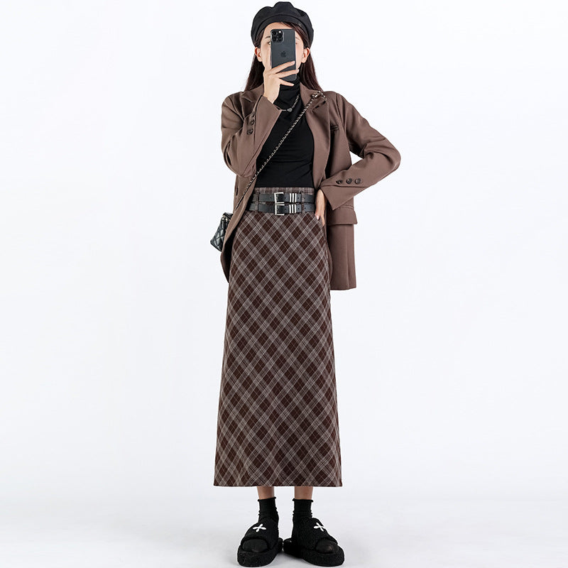 Women's High Waist Plaid A-Line Midi Skirt with Slit - Image 5