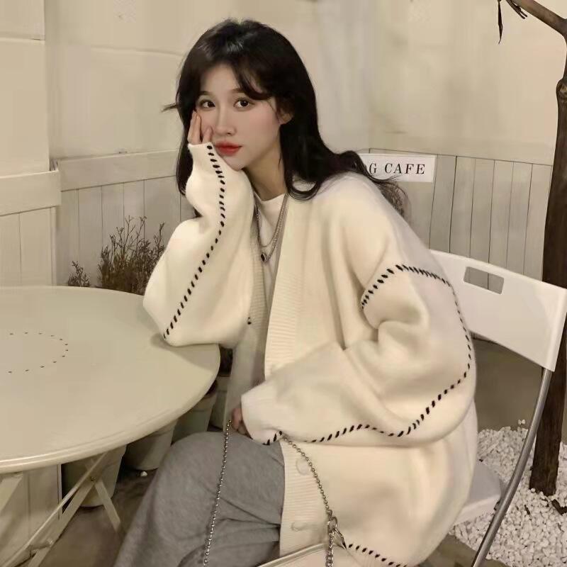 Women's V-Neck Loose Knit Cardigan with Contrast Stitching - Image 5