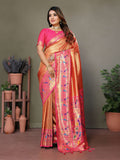 Orange Tissue Silk Paithani woven saree with contrast pink blouse piece