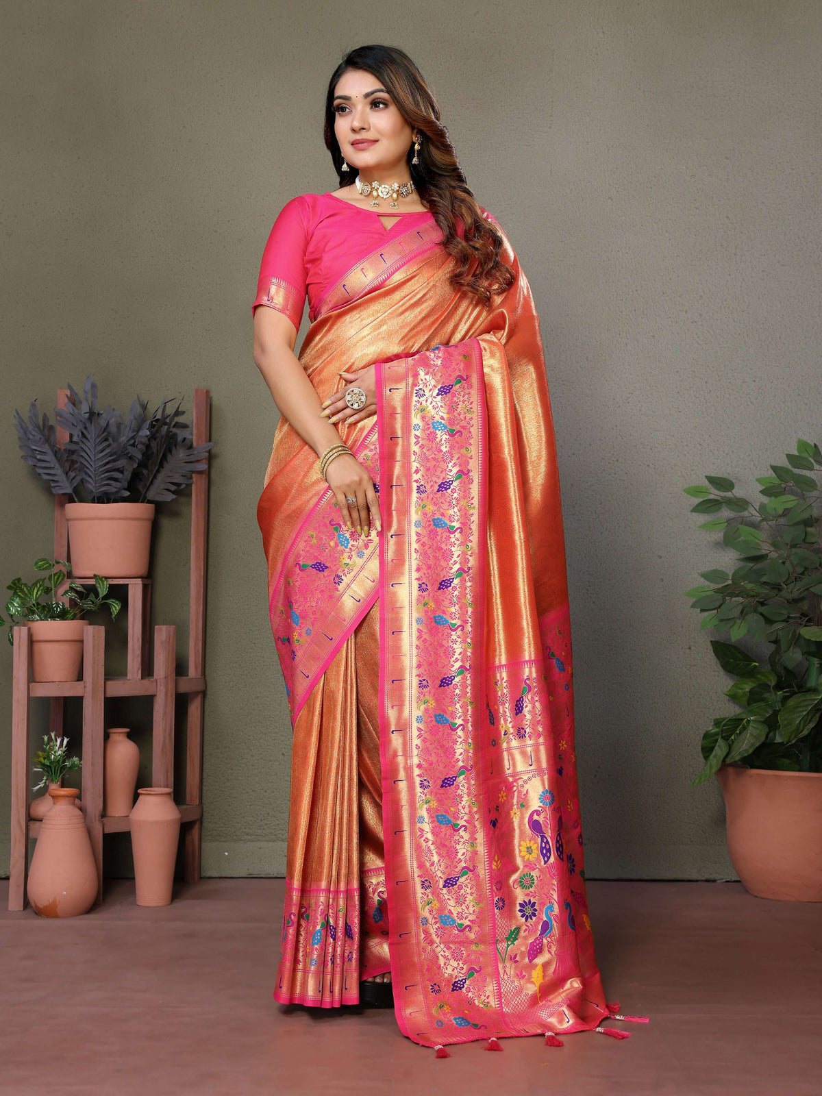Orange Tissue Silk Paithani woven saree with contrast pink blouse piece
