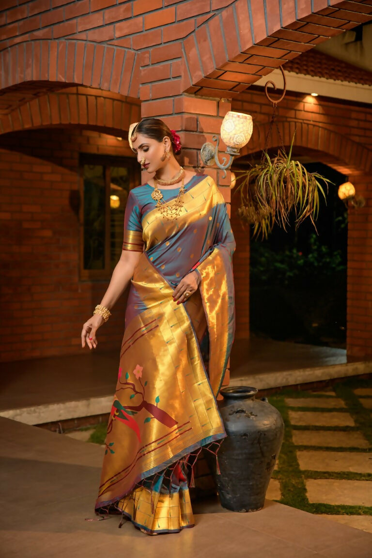 Teal Paithani Silk Saree with Zari Woven Border and Blouse