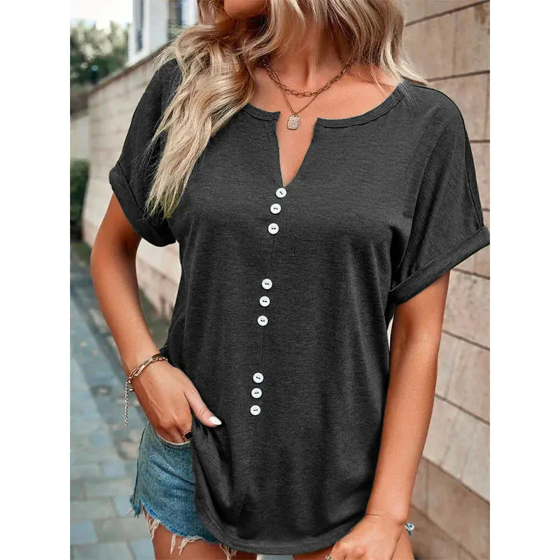 Women's V-Neck Short Sleeve Button-Front Casual Summer Blouse - Image 37