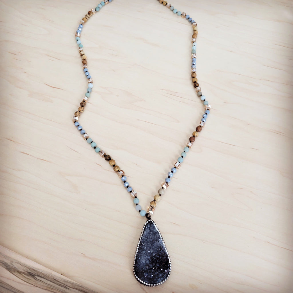 Amazonite and Crystal Long Beaded Necklace with Druzy Pendant - Image 3