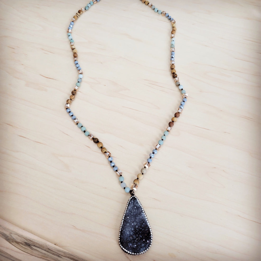 Amazonite and Crystal Long Beaded Necklace with Druzy Pendant - Image 3