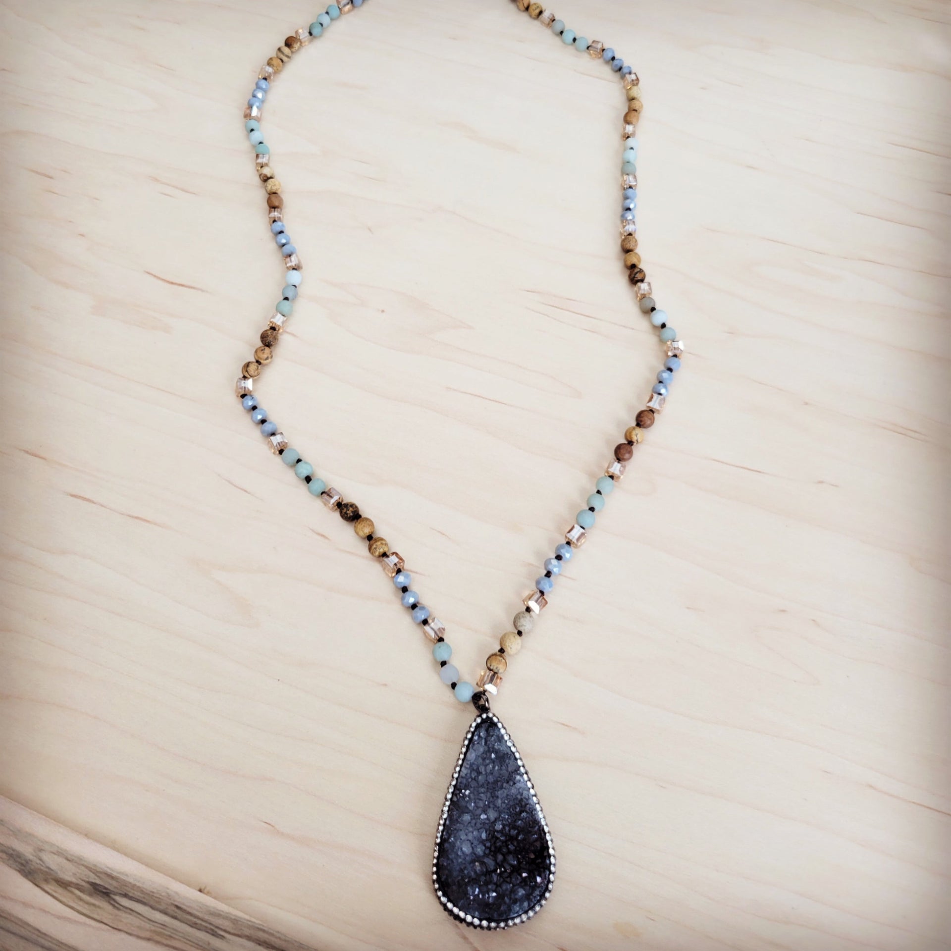 Amazonite and Crystal Long Beaded Necklace with Druzy Pendant - Image 3