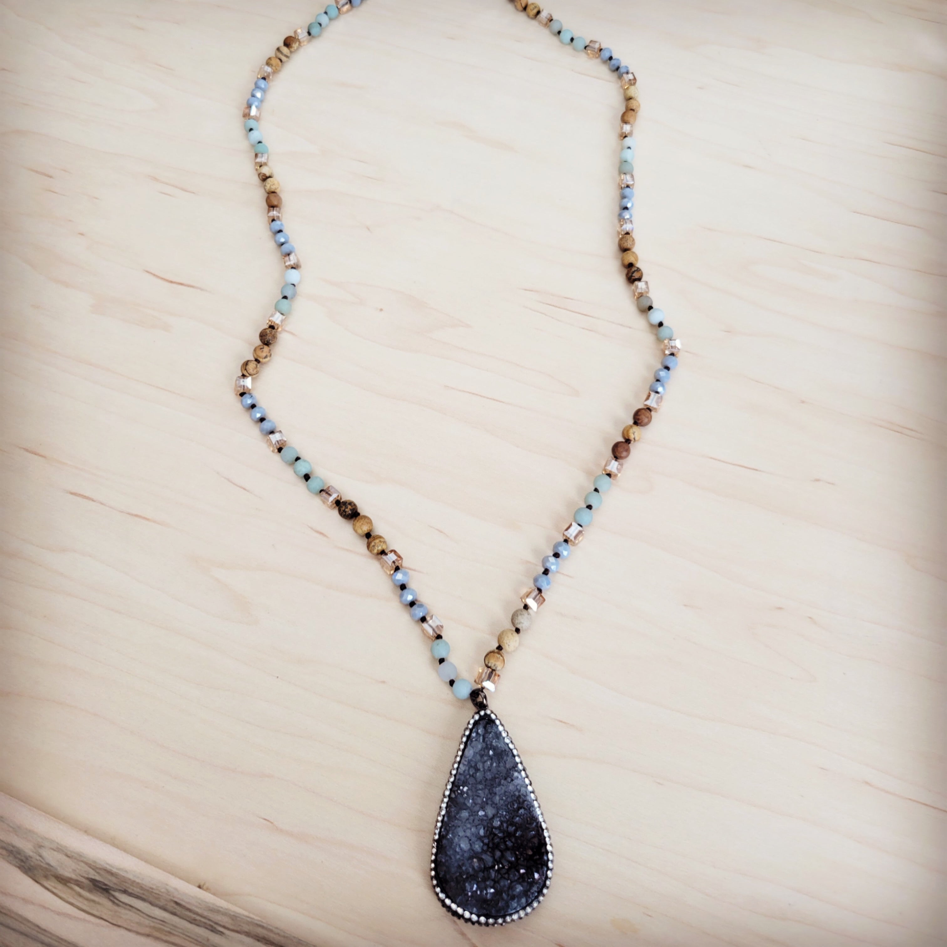 Amazonite and Crystal Long Beaded Necklace with Druzy Pendant - Image 3