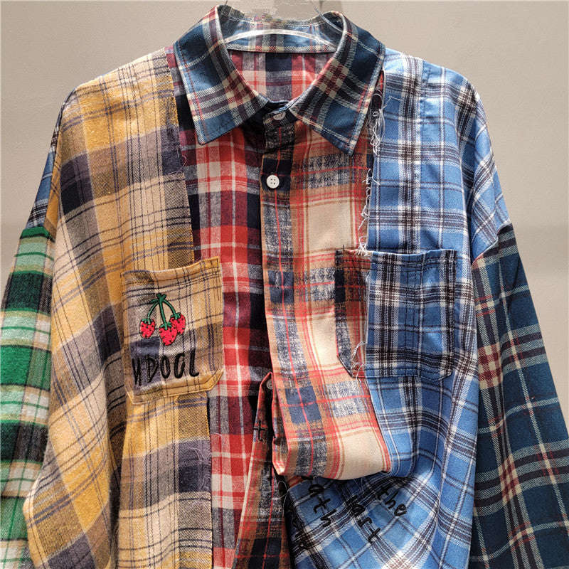 Women's Retro Harajuku Patchwork Plaid Loose Fit Shirt Top - Image 3